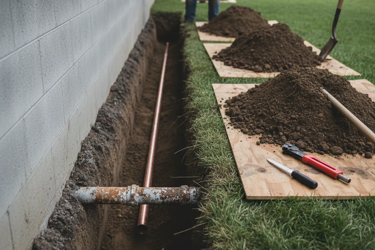 Excavated water line trench during Water Heater Repair in Bridgewater